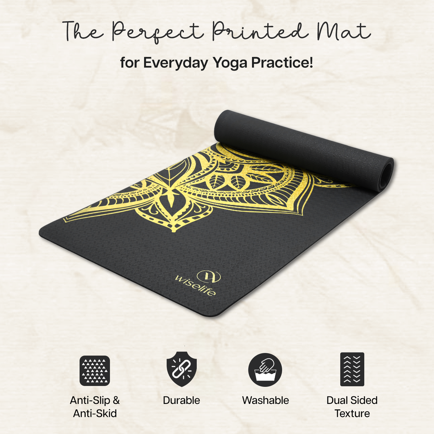 Printed Yoga Mat 6 mm- Black Mandala